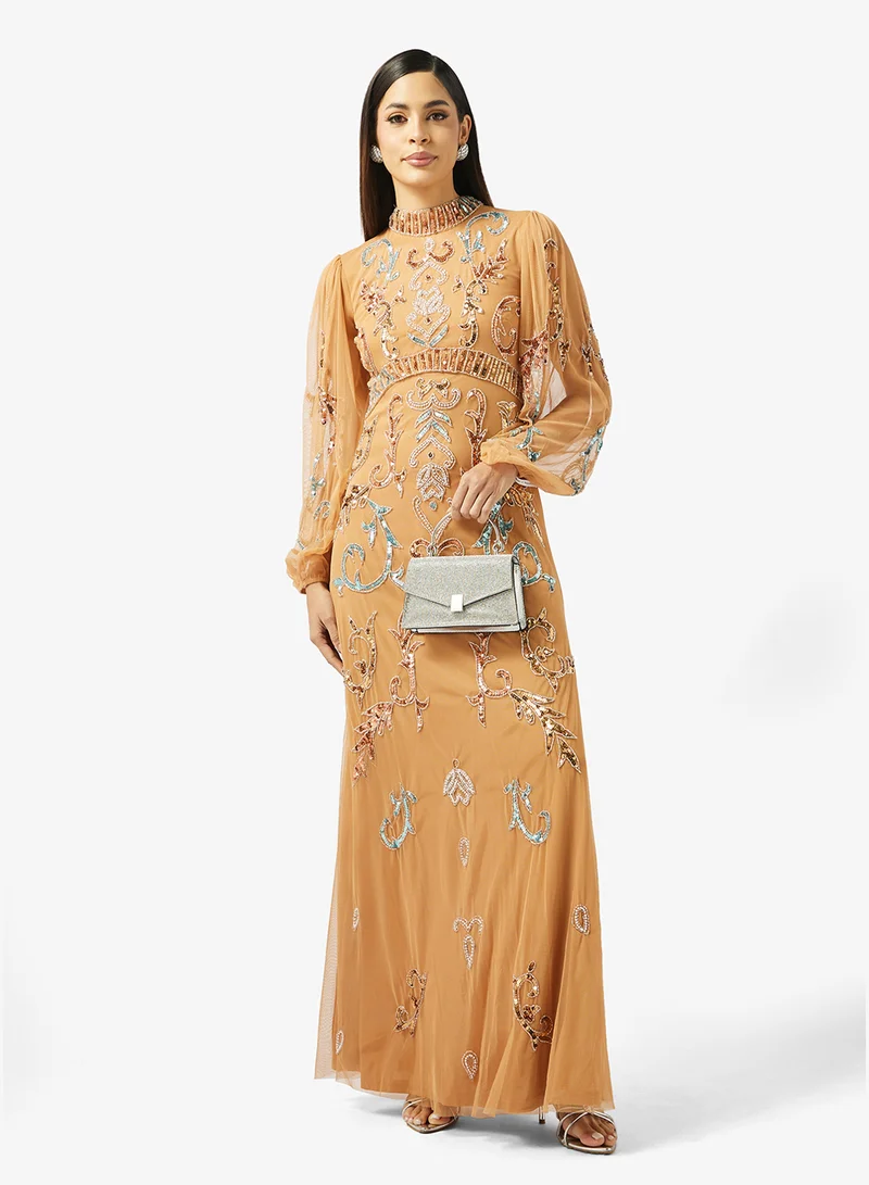 Frock And Frill  Embellished Puff Sleeve Maxi Dress for Women | Best Price UAE